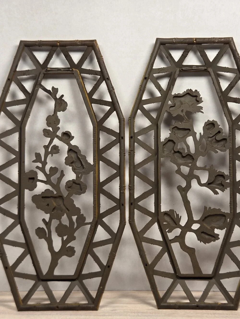 Vintage Homeco Wall Hanging Plastic Faux Bamboo Pair, Floral Lattice Framed 1977